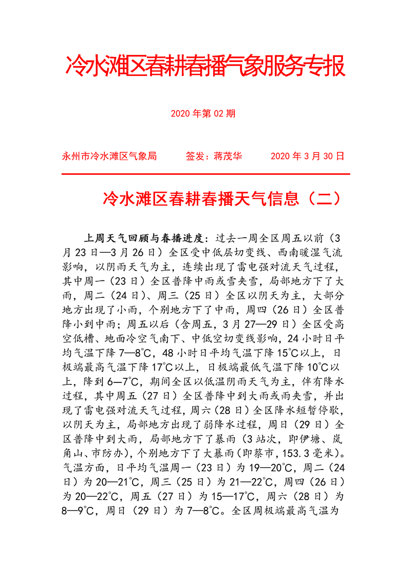 冷水滩区春耕春播气象服务专报2020年第02期