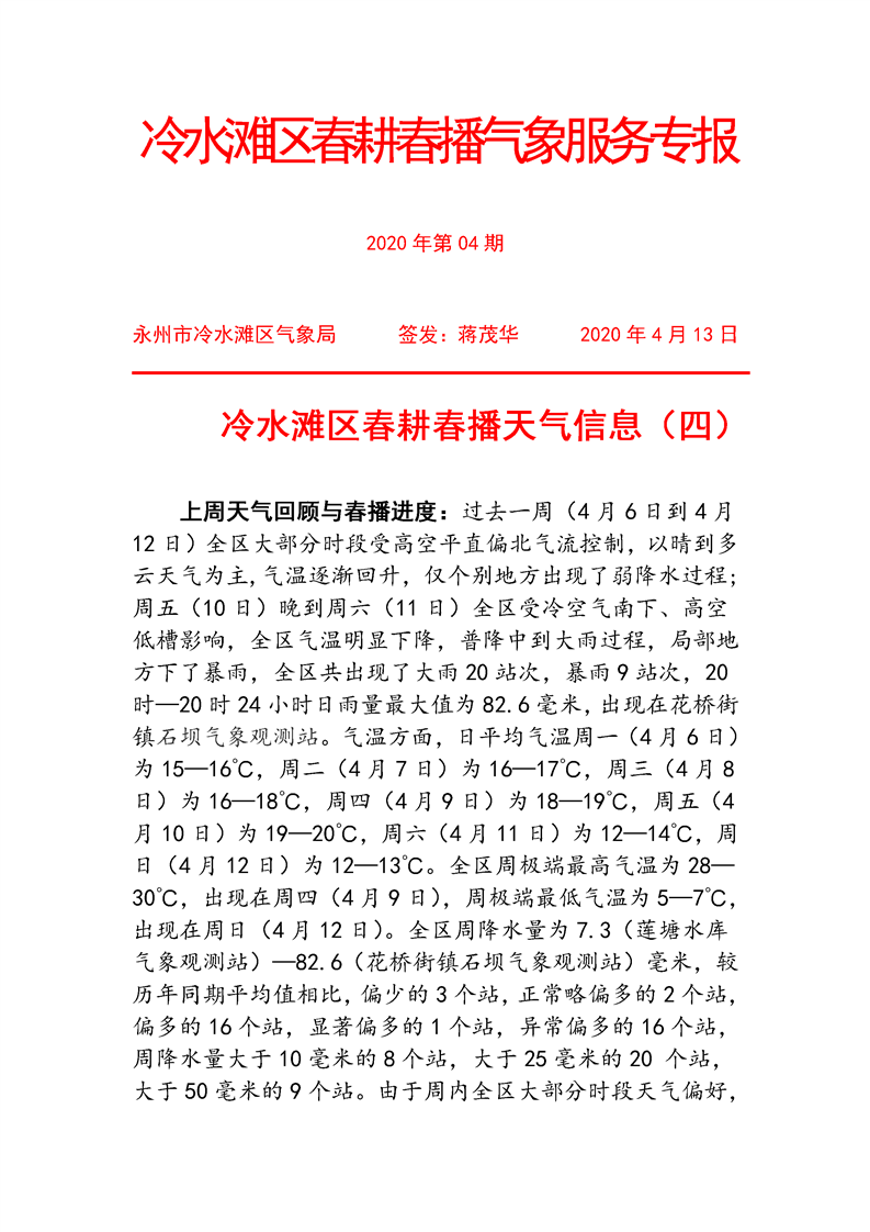 冷水滩区春耕春播气象服务专报2020年第4期